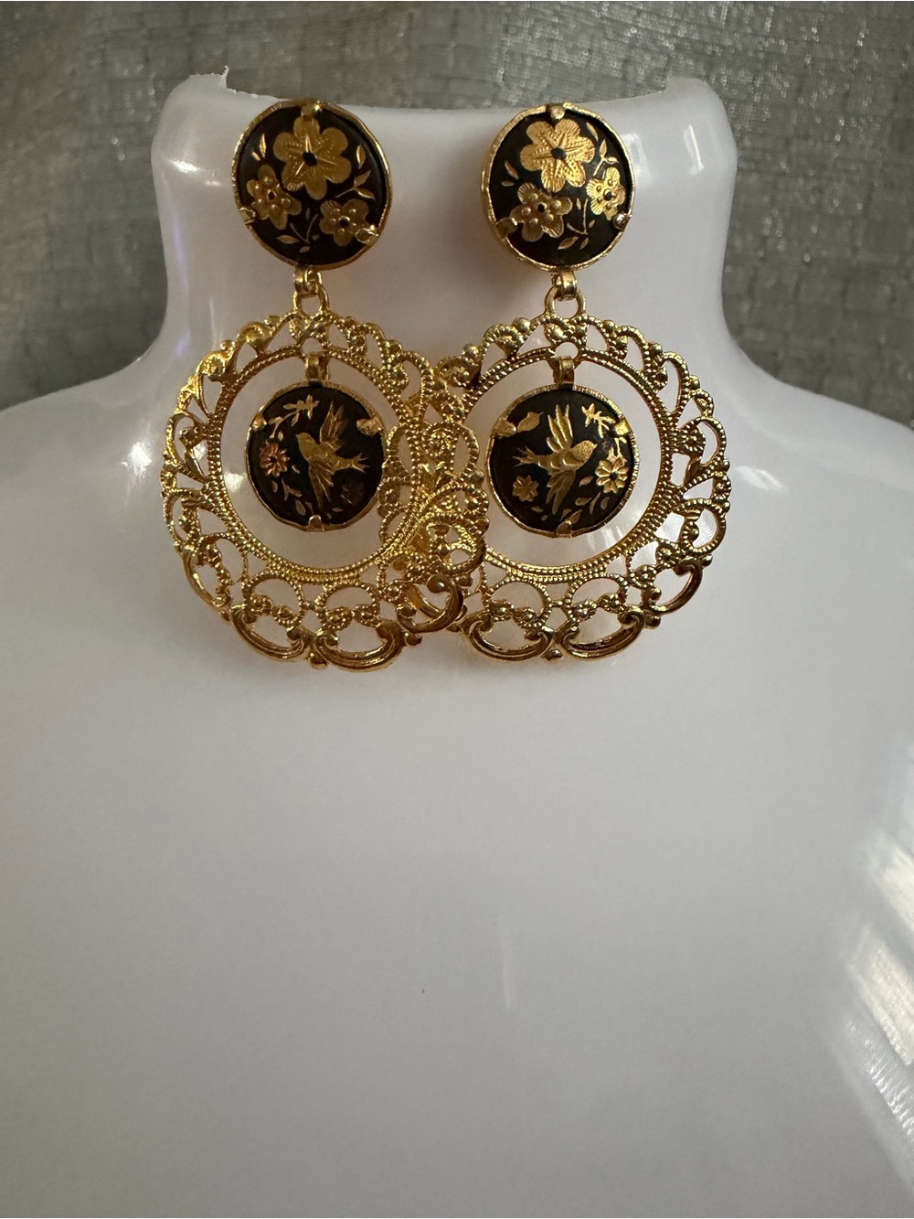 Vintage Toledo Spanish Damascene Bird Earrings